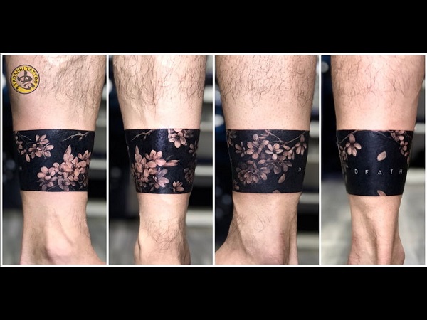 Floral circle tattoo on ankle by artist Kim Hieu